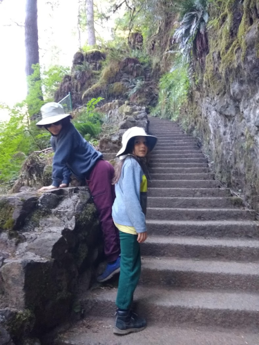 two boys hiking up a steep hill, looking up at a boulder
